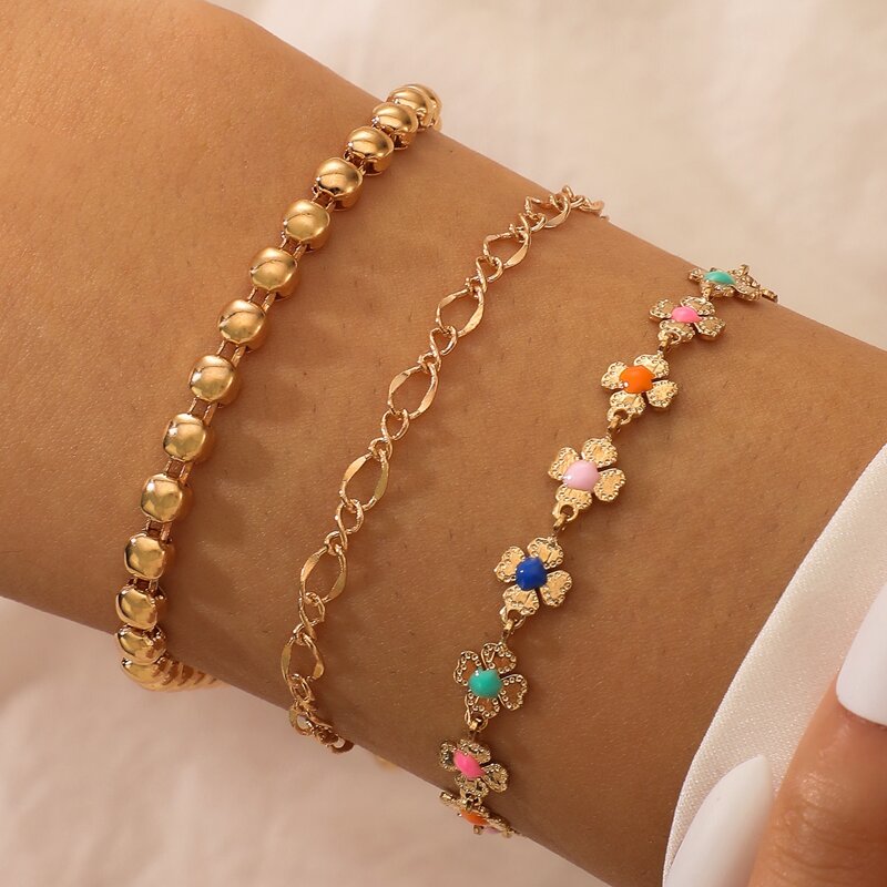 

3pcs Flower Decor Bracelet, Gold