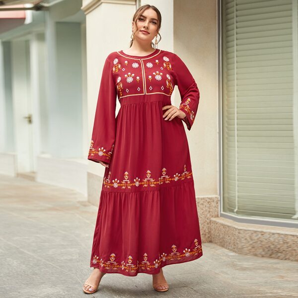 

Plus Floral Embroidered Bell Sleeve Flounce Hem Dress, Red