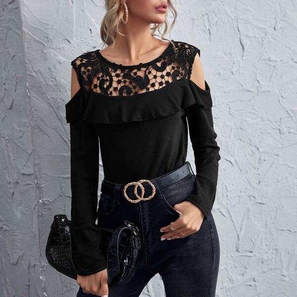 

Cold Shoulder Lace Yoke Ruffle Detail Tee, Black