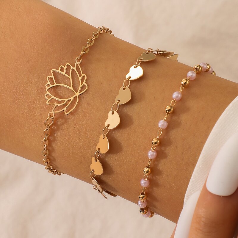 

3pcs Lotus & Heart Decor Bracelet, Gold