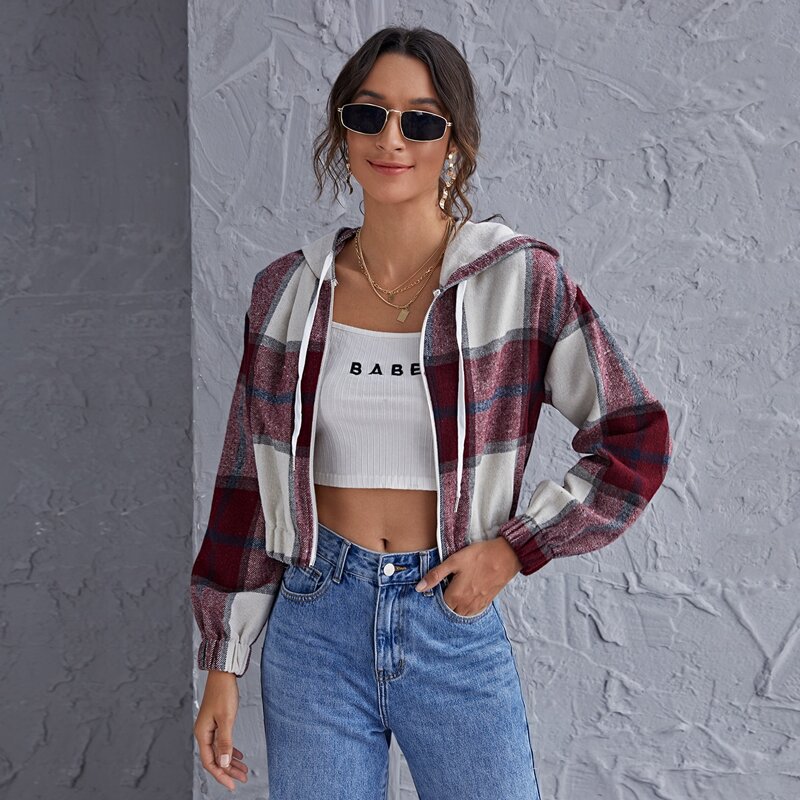 

Zip Up Drawstring Hooded Plaid Jacket, Multicolor