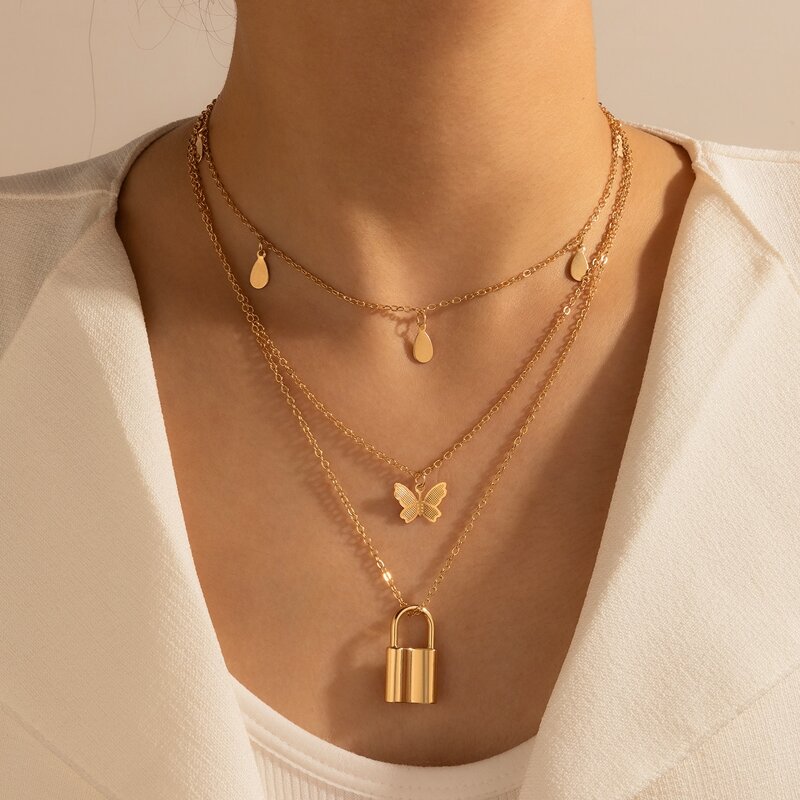

Lock Charm Layered Necklace, Gold
