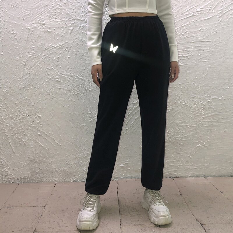 

Reflective Butterfly Print Slant Pocket Joggers, Black