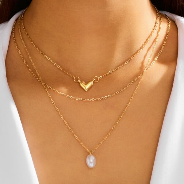 

Faux Pearl Decor Heart Charm Layered Necklace, Gold