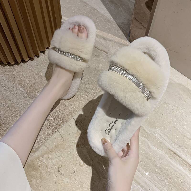 

Rhinestone Open Toe Fluffy Slippers, Beige