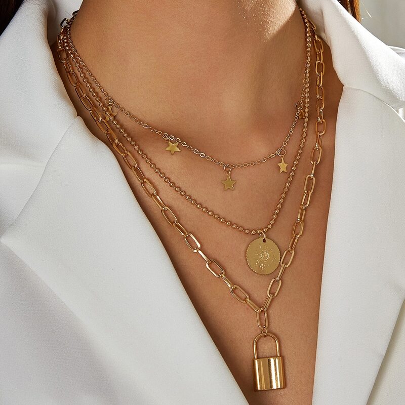 

Star Lock Layered Necklace, Gold