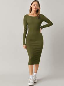 SHEIN BASICS Cotton Solid Boat Neck Bodycon Dress - Army Green - View 1