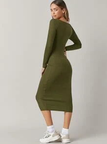 SHEIN BASICS Cotton Solid Boat Neck Bodycon Dress - Army Green - View 2