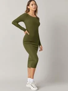 SHEIN BASICS Cotton Solid Boat Neck Bodycon Dress - Army Green - View 4