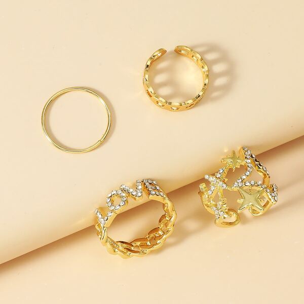 

4pcs Rhinestone Decor Ring, Gold
