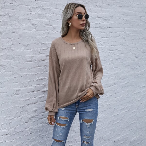 

Rib-Knit Drop Shoulder Tee, Khaki
