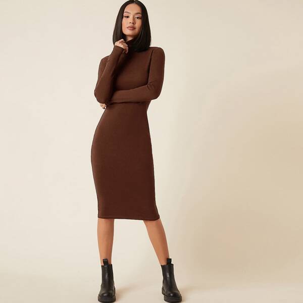 

High Neck Solid Bodycon Dress, Chocolate brown
