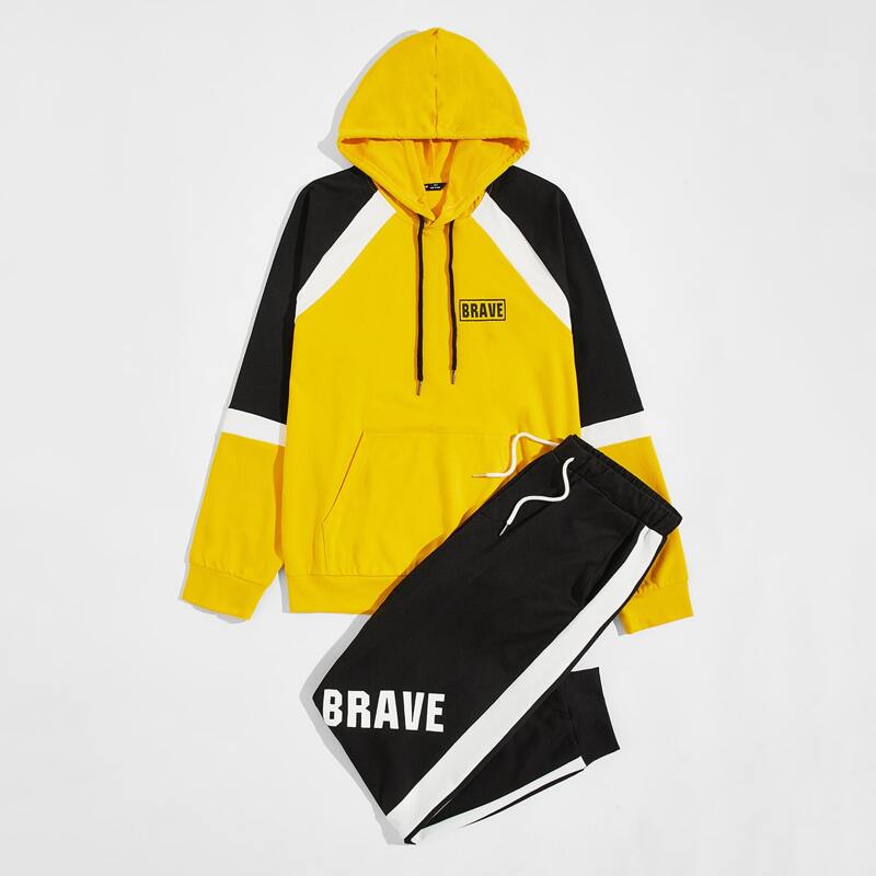 

Guys Letter Graphic Raglan Sleeve Colorblock Hoodie and Joggers Set, Multicolor
