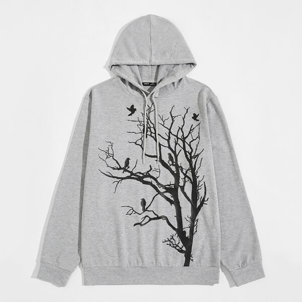 

Men Tree and Bird Print Heather Gray Hoodie, Light grey