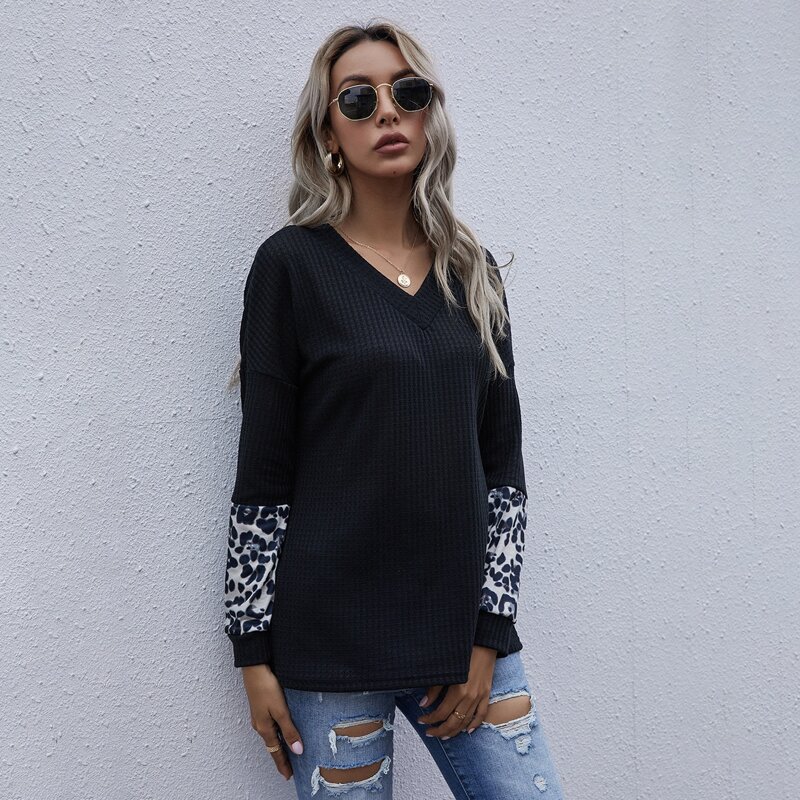 

Drop Shoulder Leopard Colorblock Waffle Knit Tee, Black