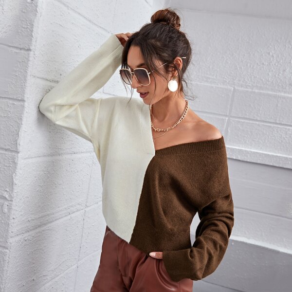 

V-neck Two Tone Fuzzy Sweater, Multicolor