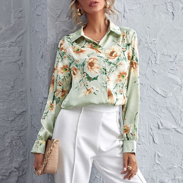 

Floral Print Button Placket Blouse, Mint green