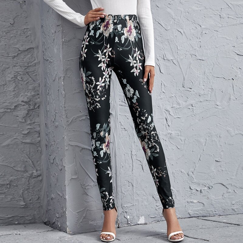

Elastic Waist Floral Print Leggings, Black