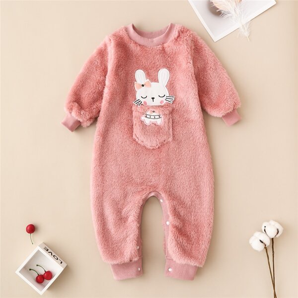 

Toddler Girls Cartoon Graphic Pocket Front Teddy Jumpsuit, Dusty pink