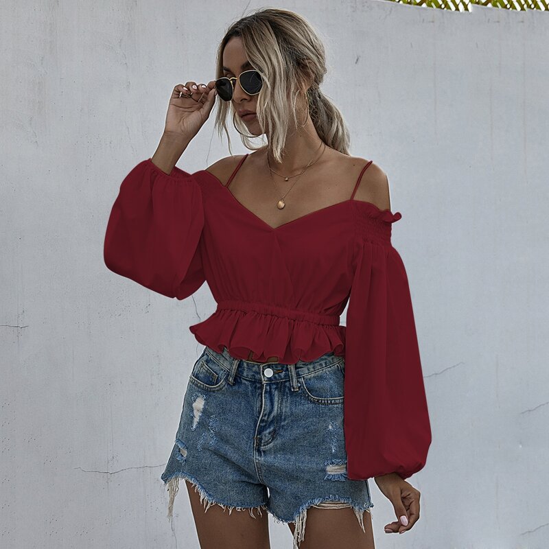 

Cold Shoulder Ruffle Hem Shirred Blouse, Burgundy