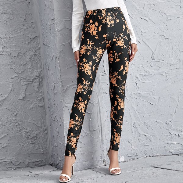 

Elastic Waist Floral Print Leggings, Black