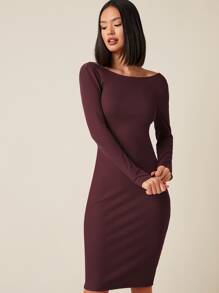 SHEIN Privé Low Back Solid Bodycon Dress - Maroon - View 2