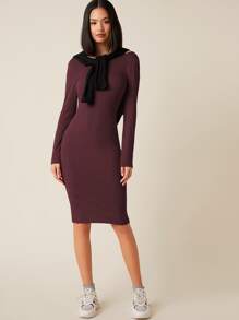 SHEIN Privé Low Back Solid Bodycon Dress - Maroon - View 5