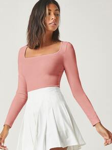SHEIN BASICS Camiseta algodón de cuello cuadrado forma ajustada - Rosa vieja - Ver 3
