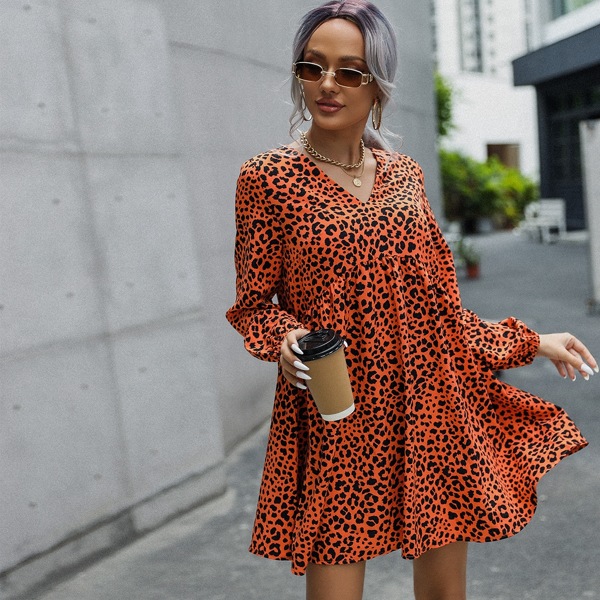 

Lantern Sleeve Leopard Smock Dress, Multicolor