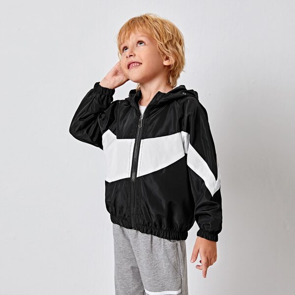 

Toddler Boys Color-block Zip-up Hooded Windbreaker Jacket, Black and white