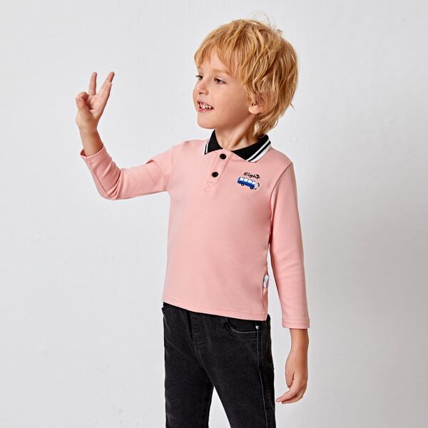 

Toddler Boys Letter & Cartoon Embroidery Polo Shirt, Coral pink