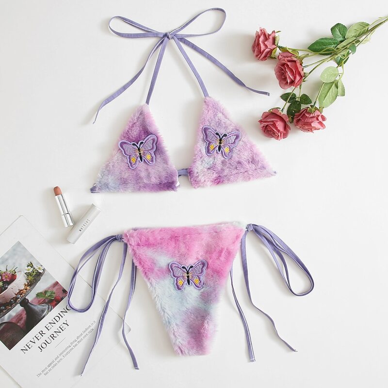

Butterfly Embroidery Fluffy Tie Dye Lingerie Set, Multicolor