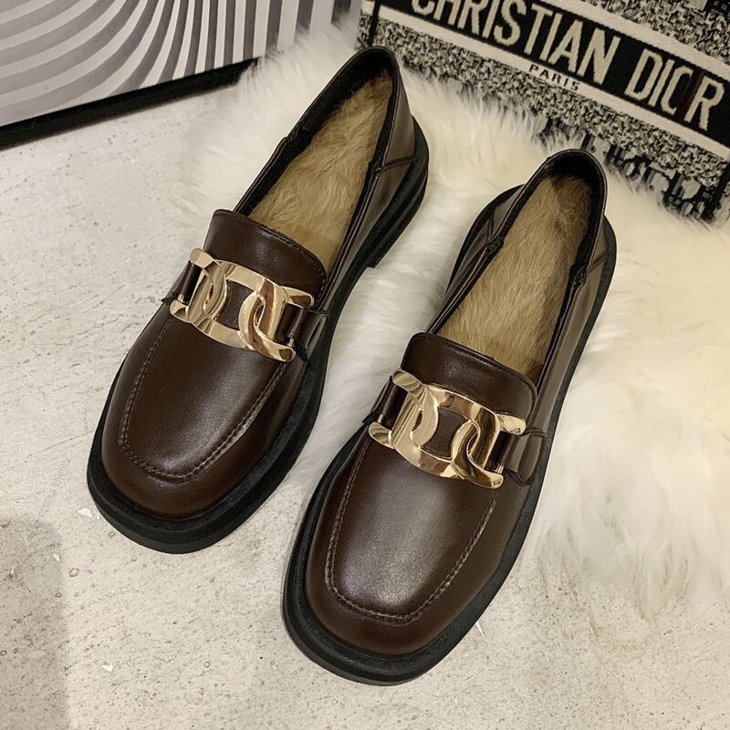 

Chain Decor Plush Flat Loafers, Chocolate brown