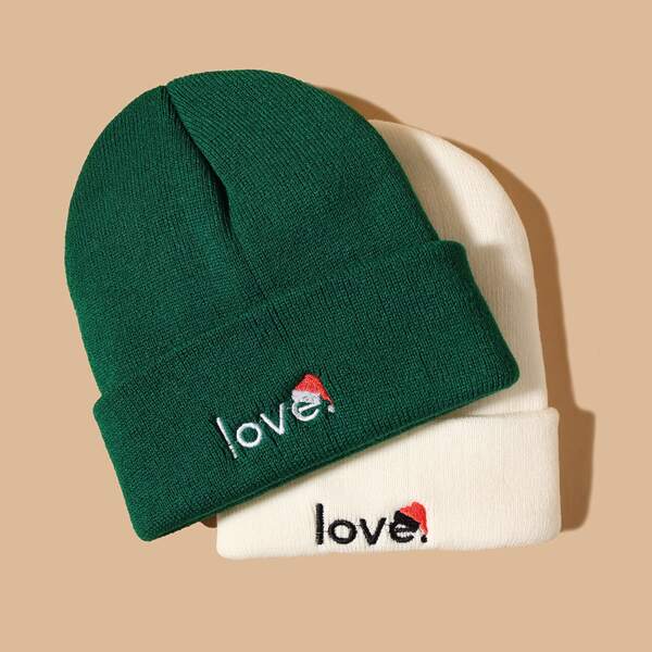 

2pcs Christmas Letter Embroidered Beanie, Multicolor