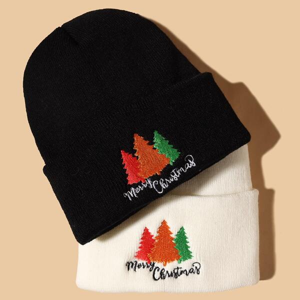 

2pcs Christmas Tree Embroidered Beanie, Multicolor