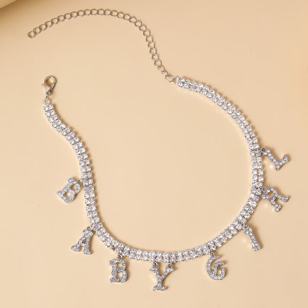 

Rhinestone Decor Letter Charm Choker, Silver
