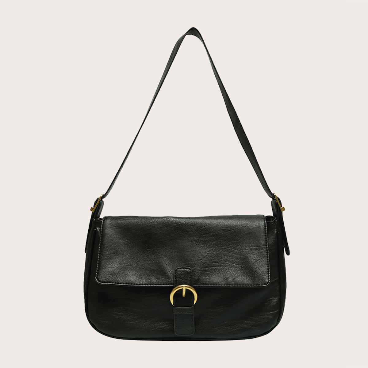 

Solid Buckle Shoulder Bag, Black