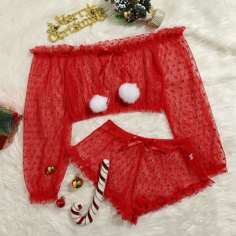 

Mesh Sheer Pom Pom Decor Lingerie Set, Red