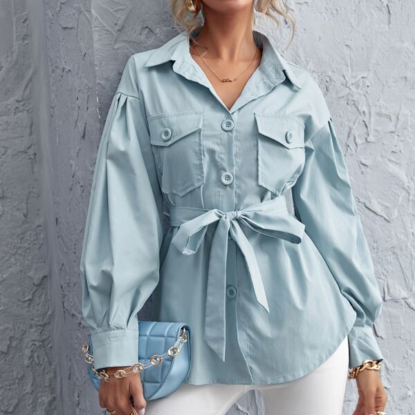 

Lantern Sleeve Flap Pocket Belted Blouse, Pastel baby blue