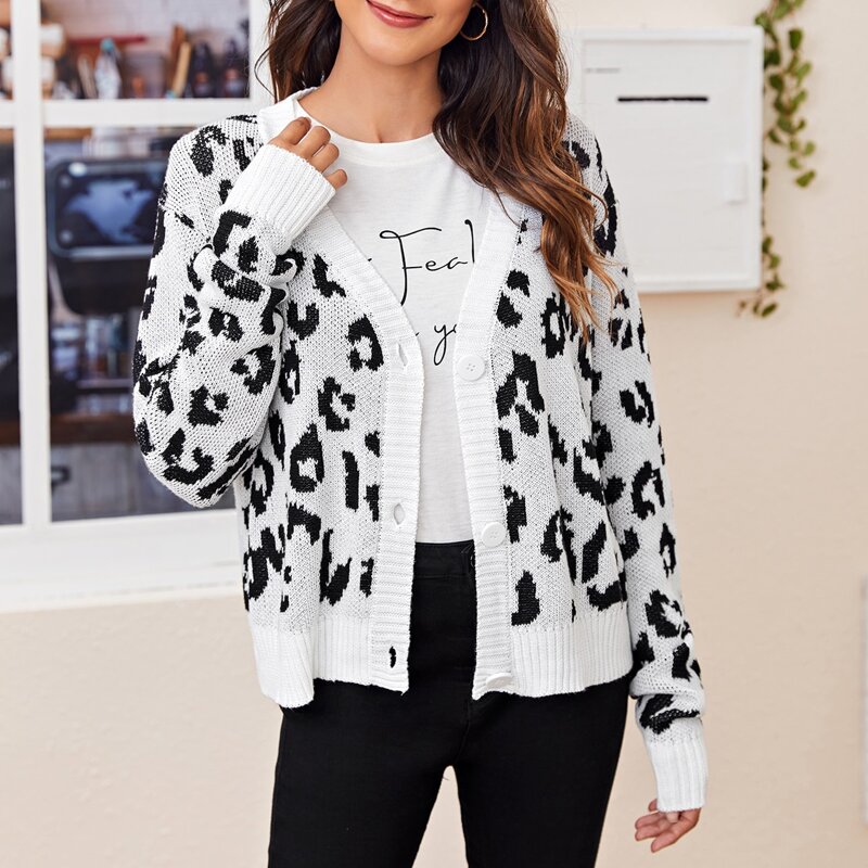 

Button Up Leopard Cardigan, Black and white