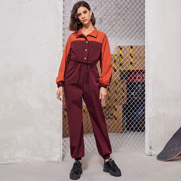 

Two Tone Drawstring Waist Shirt Jumpsuit, Maroon