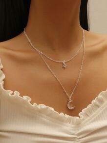 Rhinestone Star & Moon Pendant Necklace - Silver - View 1