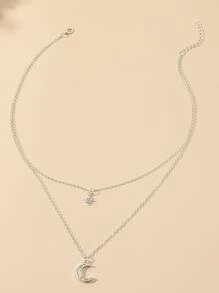 Rhinestone Star & Moon Pendant Necklace - Silver - View 2