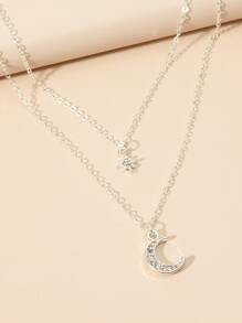 Rhinestone Star & Moon Pendant Necklace - Silver - View 3
