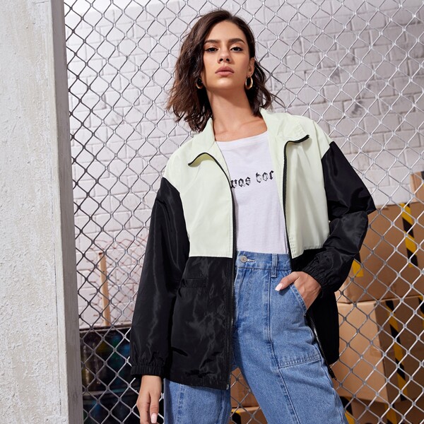 

Two Tone Zip Up Windbreaker Jacket, Black and white