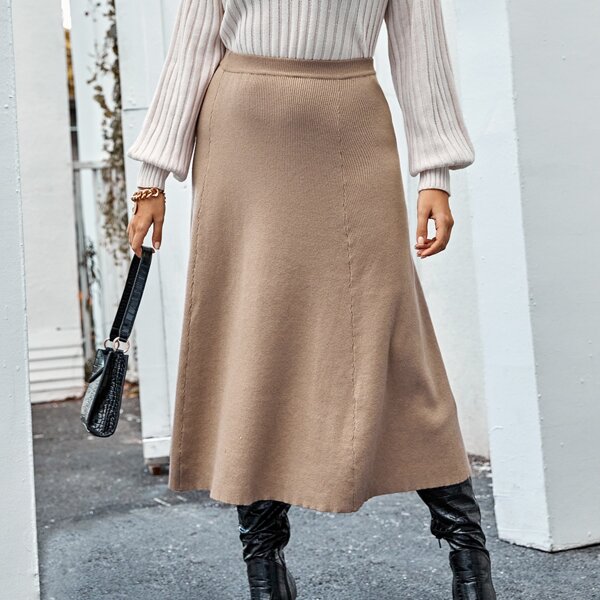 

Plus High Waist Solid Knit Skirt, Khaki