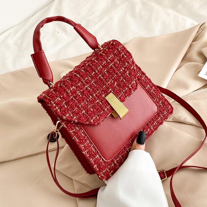 

Tweed Flap Satchel Bag, Red