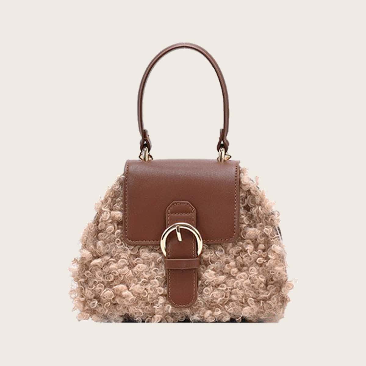 

Buckle Fluffy Satchel Bag, Brown