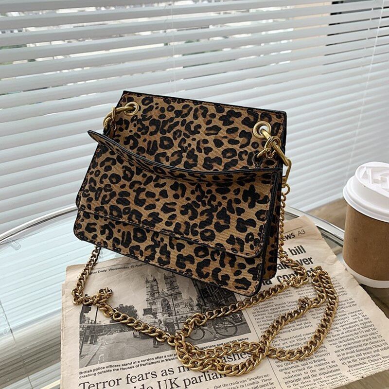

Leopard Chain Satchel Bag, Brown