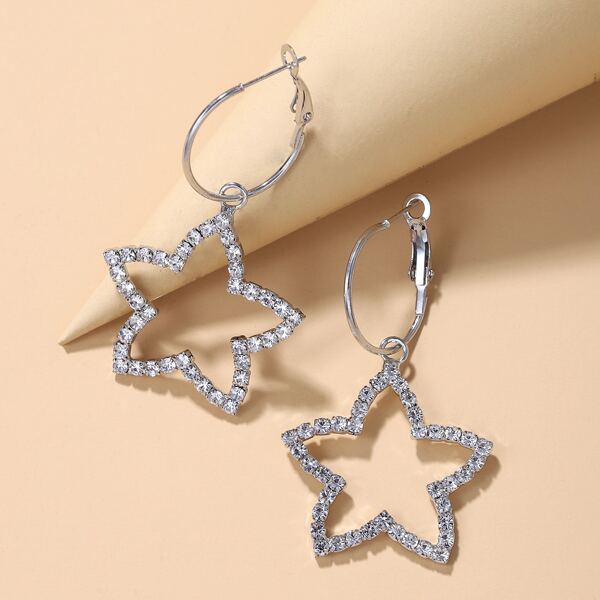 

Rhinestone Decor Star Charm Drop Earrings, Silver